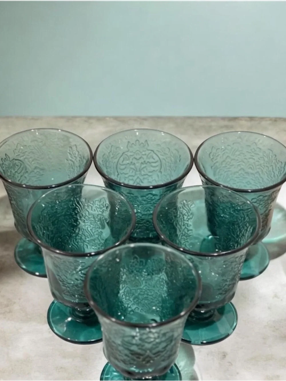 Set of Embossed Teal Glass Goblets